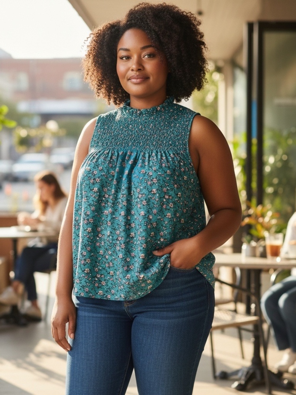 Melloday Sleeveless Smocked Mock Neck Blouse